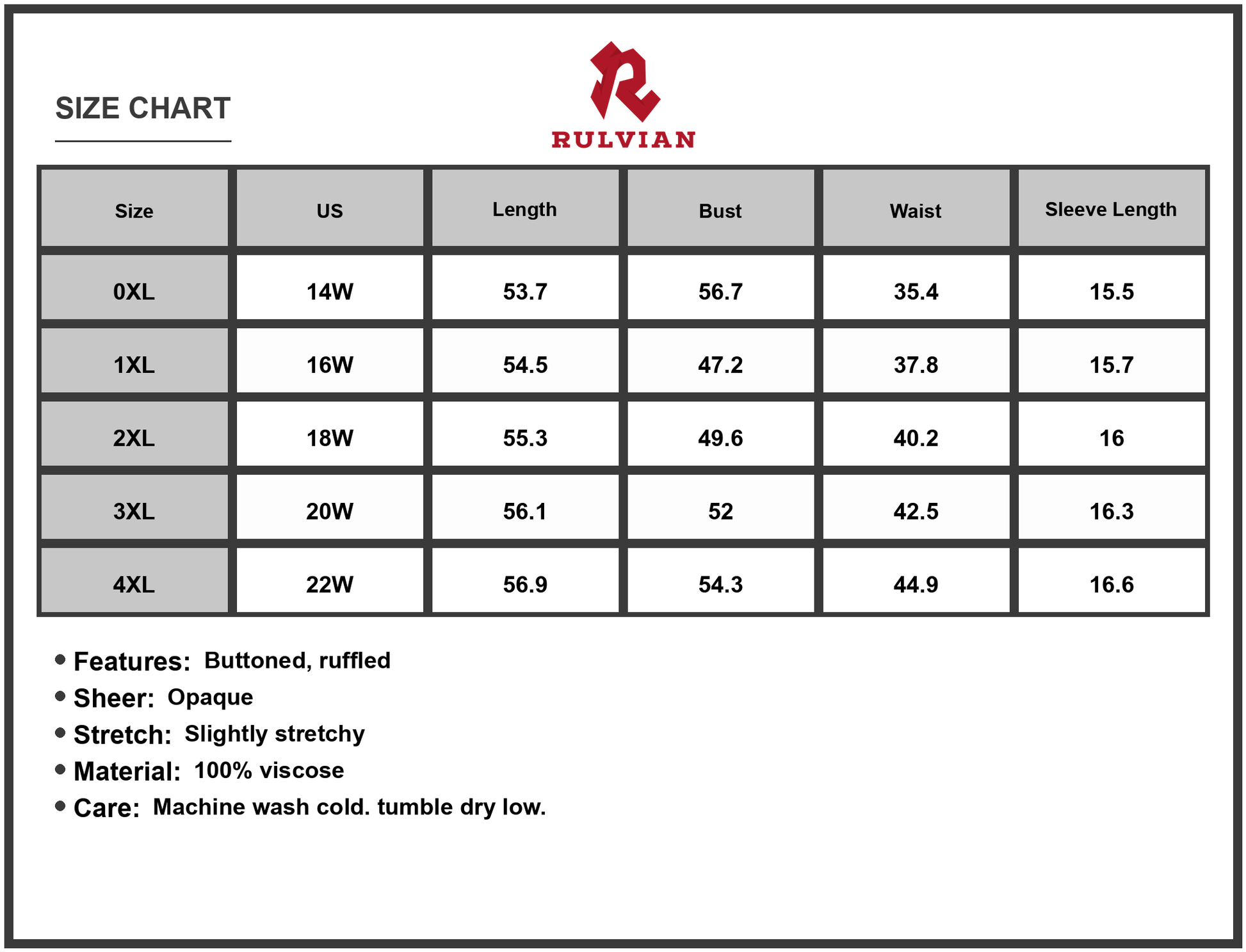 Size Chart - Women's Plus Size Ruffled Hem Square Neck Short Sleeve Dress in 100% viscose for a graceful flow and comfort all day