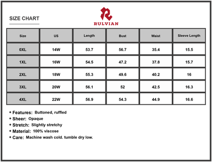 Size Chart - Women's Plus Size Ruffled Hem Square Neck Short Sleeve Dress in 100% viscose for a graceful flow and comfort all day