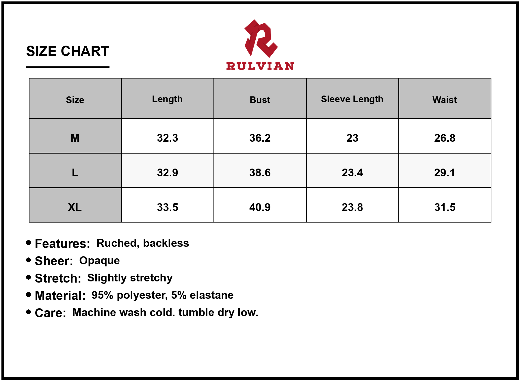 Size Chart - Women's Backless Glitter Square Neck Long Sleeve Mini Dress Ruched Sheer Bodice Opaque Stretch Fabric Polyester Elastane