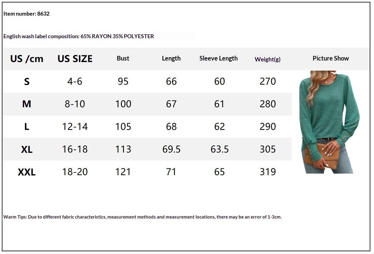Size Chart - New Bubble-sleeve Crew-neck Button-up Long-sleeve Shirt