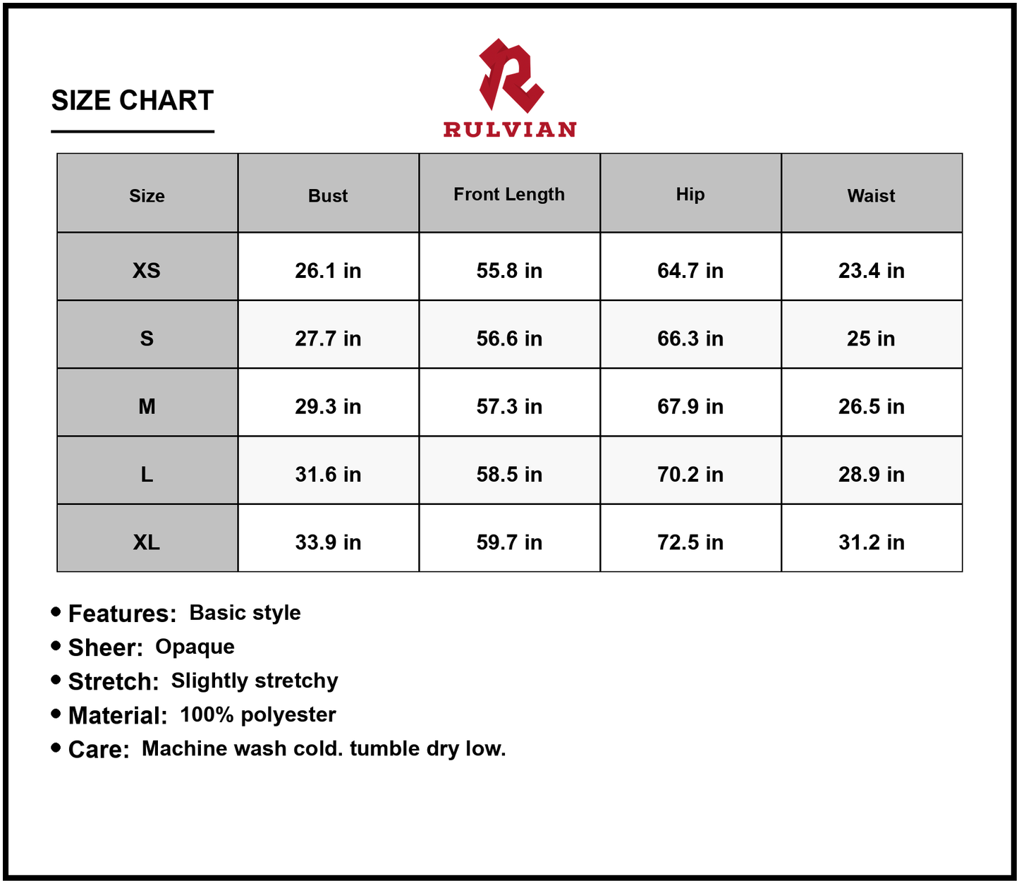 Size Chart - Women's Asymmetrical Ruched Slit Dress with Draped Side Detail for Evening Wear Vintage Glam look 100% Polyester