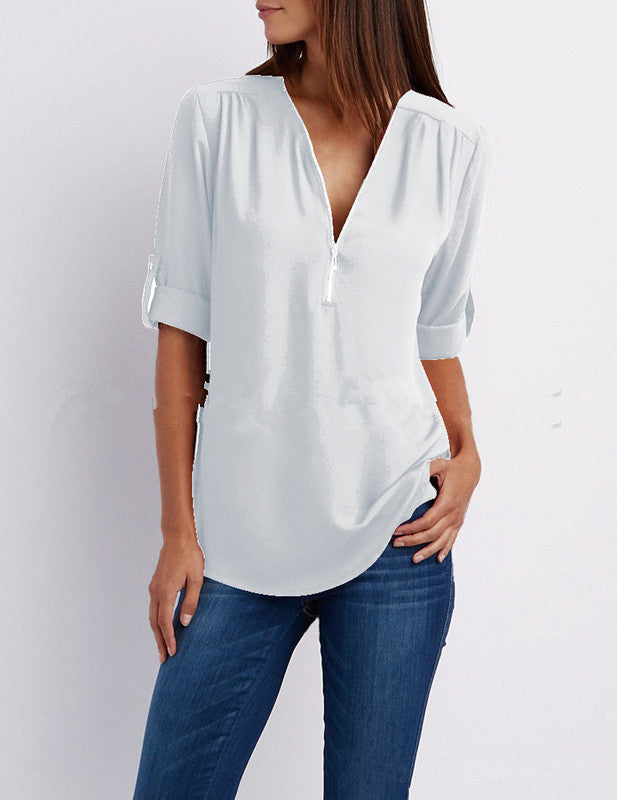 Size Chart - V-neck Zipper Plus Size Women's Long-sleeved Pull-over Sleeve Loose Chiffon Shirt