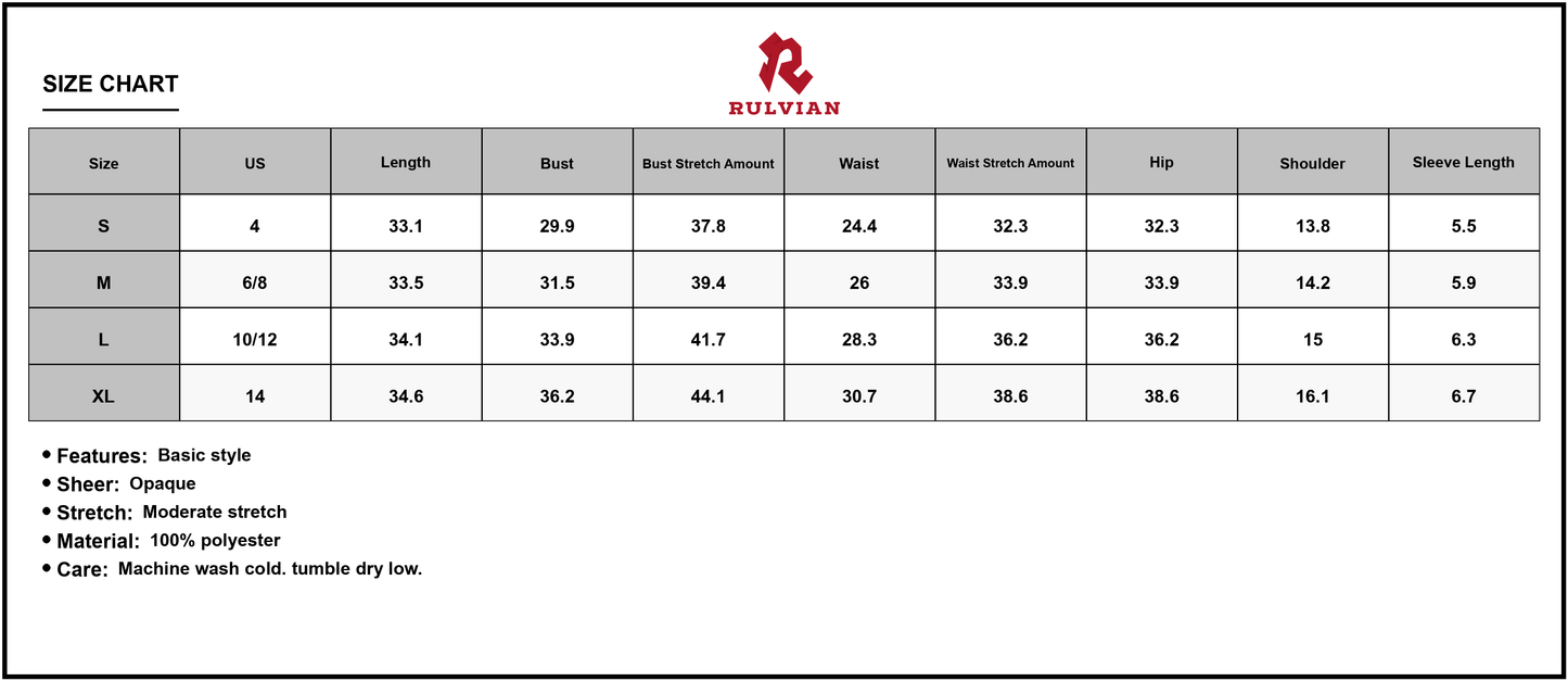 Size Chart - Women's Johnny Collar Short Sleeve Mini Dress with Lightweight Silhouette 100% Polyester Fabric for Everyday Wear