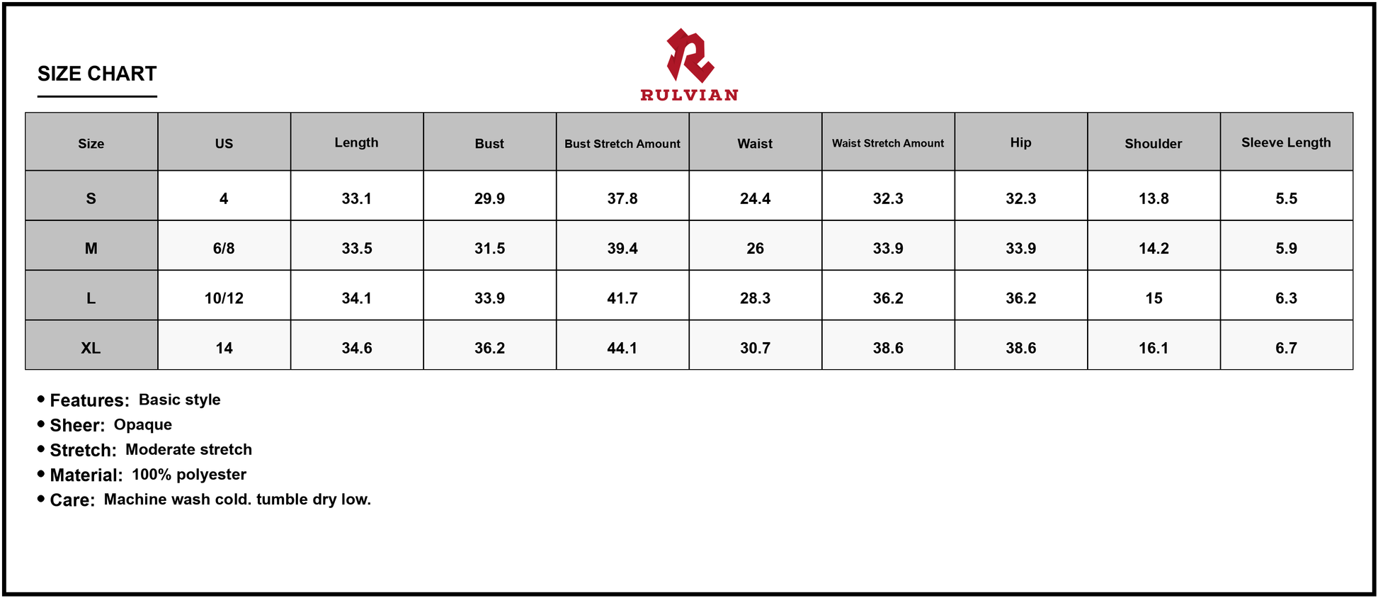 Size Chart - Women's Johnny Collar Short Sleeve Mini Dress with Lightweight Silhouette 100% Polyester Fabric for Everyday Wear