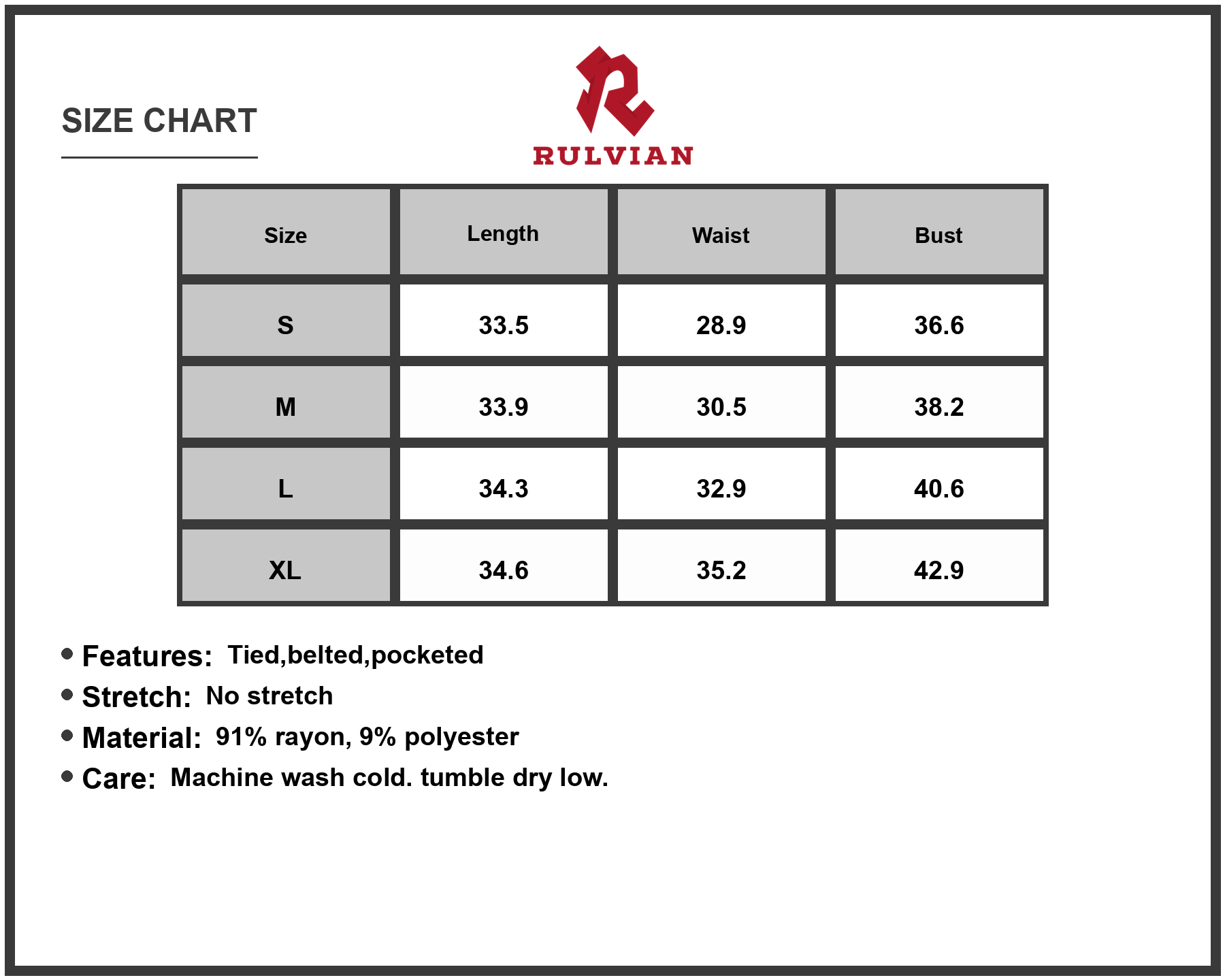 Size Chart - Womens V neck Short Sleeve Dress with Pockets 91% Rayon 9% Polyester Fabric Blend for Everyday Comfort All Day Wear