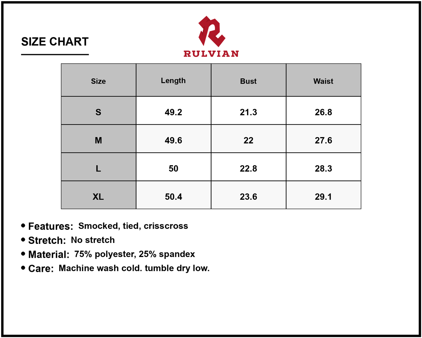 Size Chart - Women's Crisscross Smocked Wide Strap Dress with Ties 75% Polyester 25% Spandex Lightweight Flowy Summer Dress