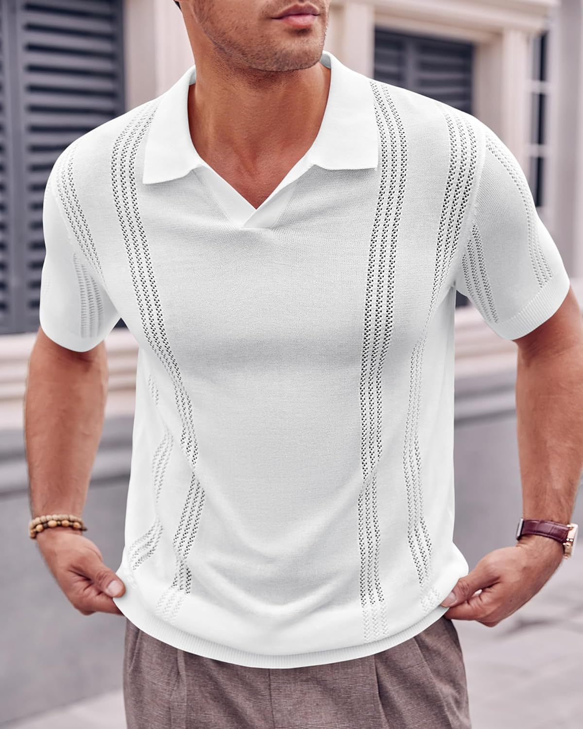 Men's Knitted Polo Shirt Short Sleeve V Neck Hollow Casual Style Breathable 60% Cotton 40% Polyester Blend
