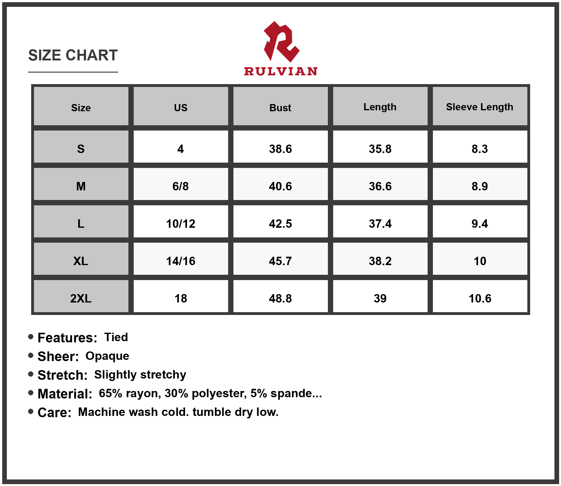 Size Chart - Women's Tied Contrast Striped Short Sleeve Mini Tee Dress 65% rayon 30% polyester 5% spandex casual everyday wear