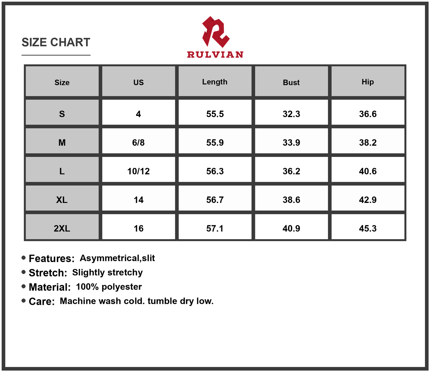 Size Chart - Women's One Shoulder Maxi Dress with Side Slit Silhouette Polyester 100% Fabric for Elegant Evening and Summer Wear