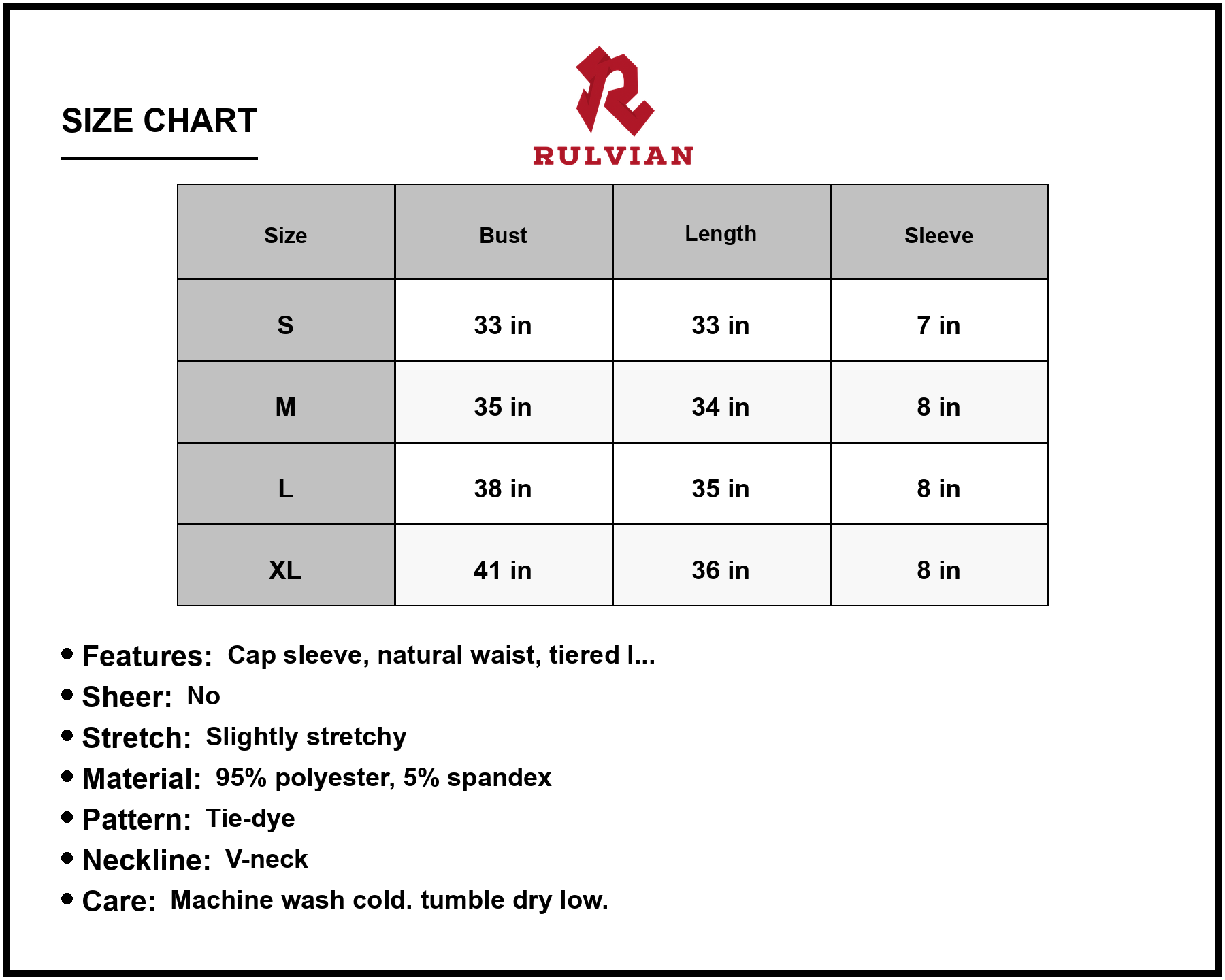 Size Chart - Women's Tie Dye Ruffle Hem Dress Cap Sleeve V Neck Natural Waist Tiered Look for Summer Wear 95% Polyester 5% Spandex