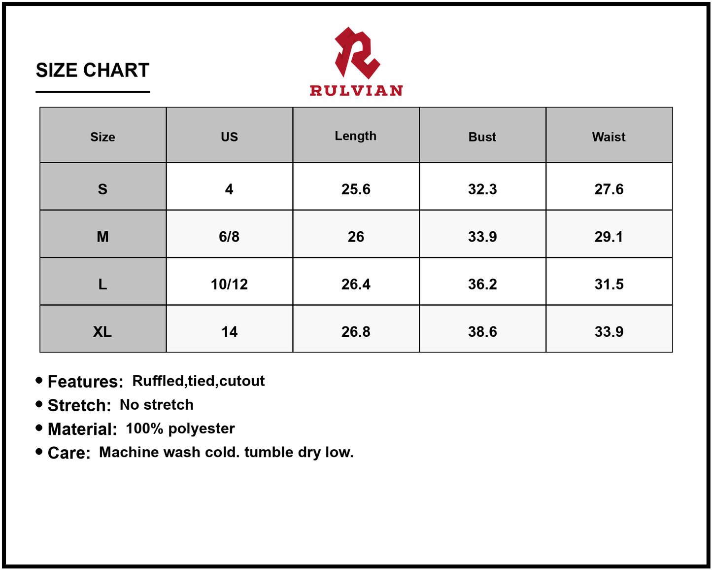Size Chart - Women's Floral Sweetheart Ruffled Cami Mini Dress with Ties and Cutout Lined 100% Polyester Flowing Silhouette