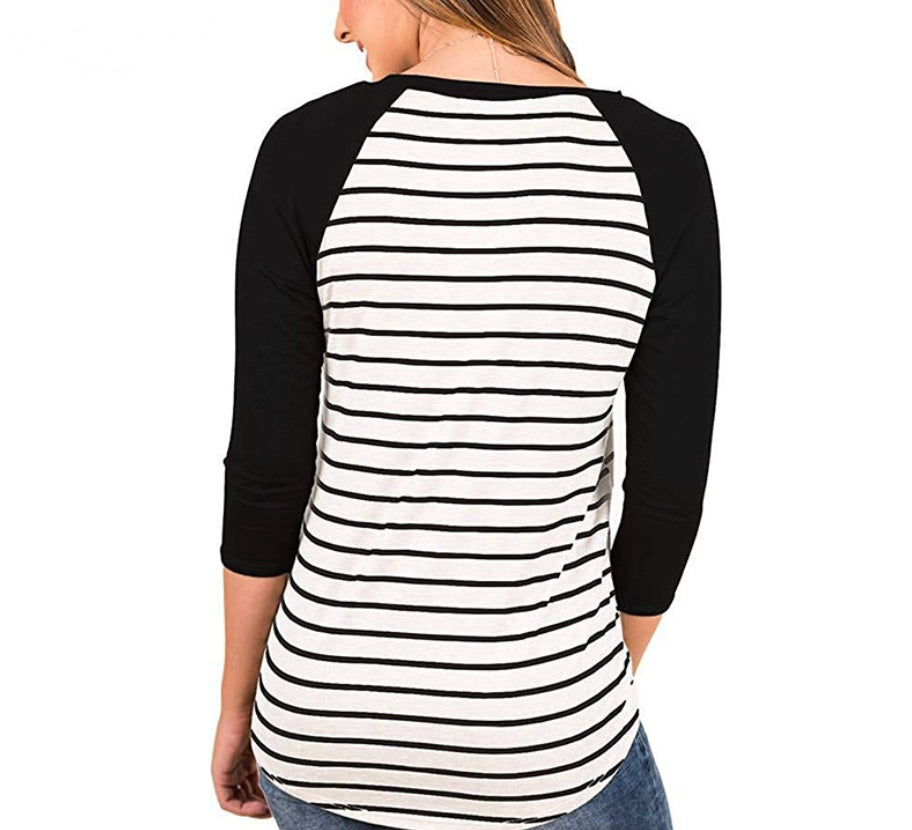 Men's Striped Stitch Round Neck Long Sleeve Top with Contrast Panels and Irregular Stitch Details Cotton Blend