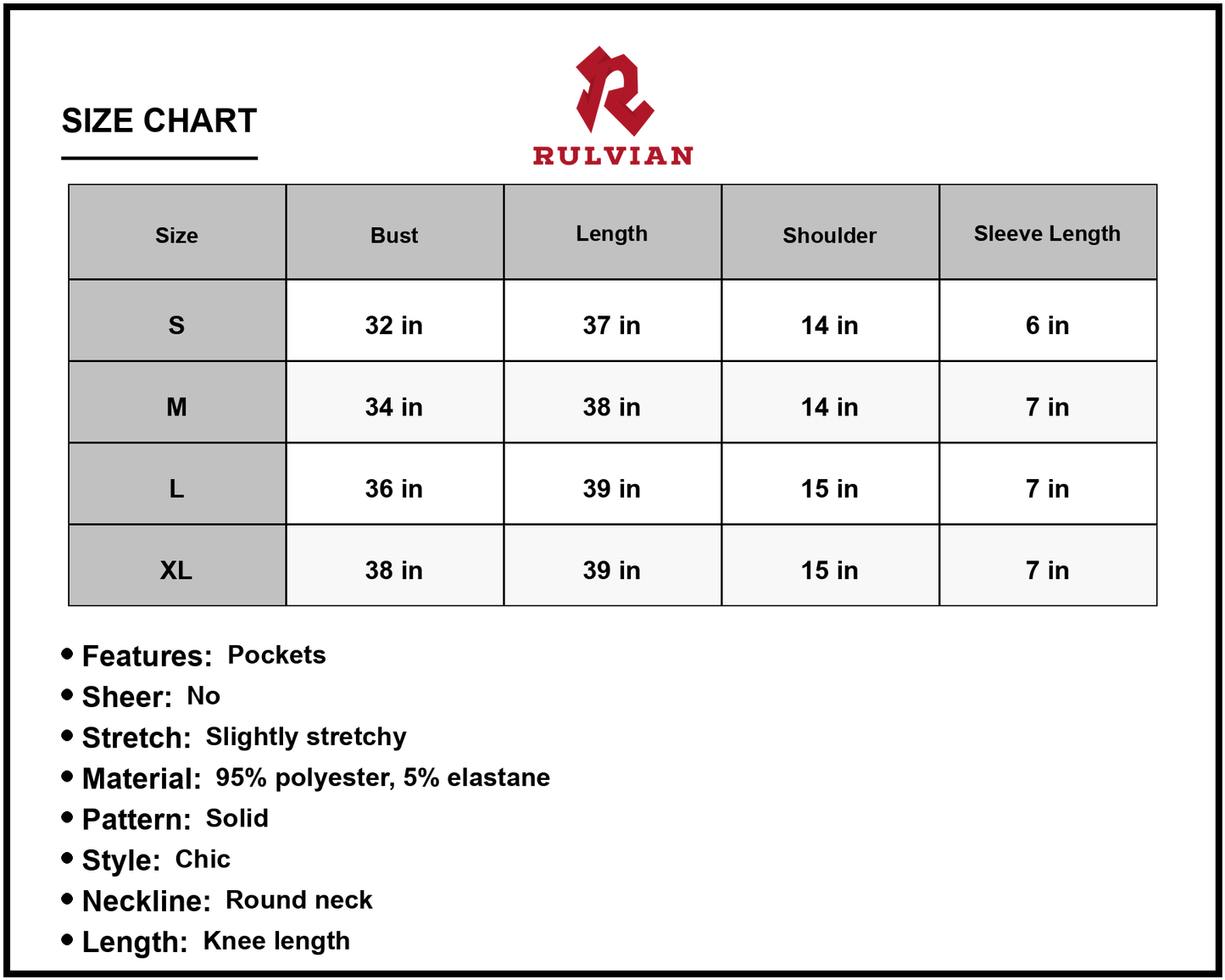 Size Chart - Women's Knee Length Round Neck Petal Sleeve Dress with Pockets 95% Polyester 5% Elastane Comfortable Everyday Wear