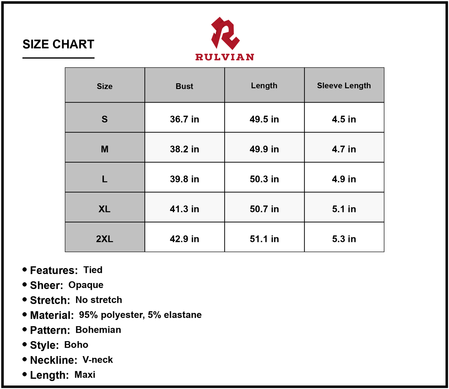 Size Chart - Women's V Neck Short Sleeve Boho Maxi Dress with Tie Neckline Aline Hem Bohemian Pattern 95% polyester 5% elastane