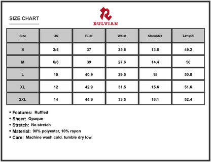 Size Chart - Women's Tiered Ruffled V Neck Cap Sleeve Dress with 90% Polyester and 10% Rayon Fabric for Elegant Occasionwear