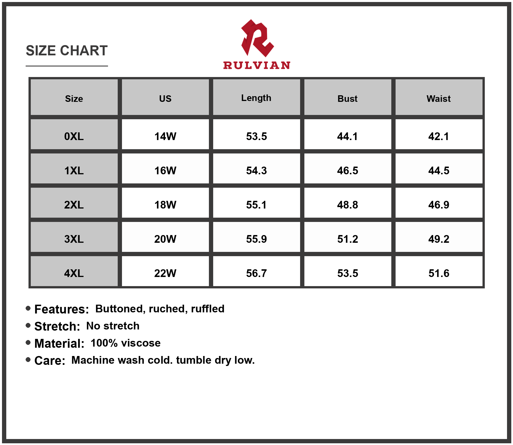 Size Chart - Women's Plus Size Ruffled Printed V Neck Midi Dress with Buttoned Ruched Details 100% viscose fabric Everyday Wear