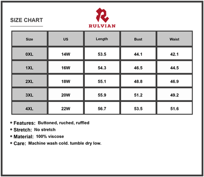 Size Chart - Women's Plus Size Ruffled Printed V Neck Midi Dress with Buttoned Ruched Details 100% viscose fabric Everyday Wear