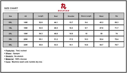 Size Chart - Women's Maxi Dress with Tie Neck and Flutter Sleeves Plus Size 100% Viscose Ruched Detail for Everyday Wear Casual