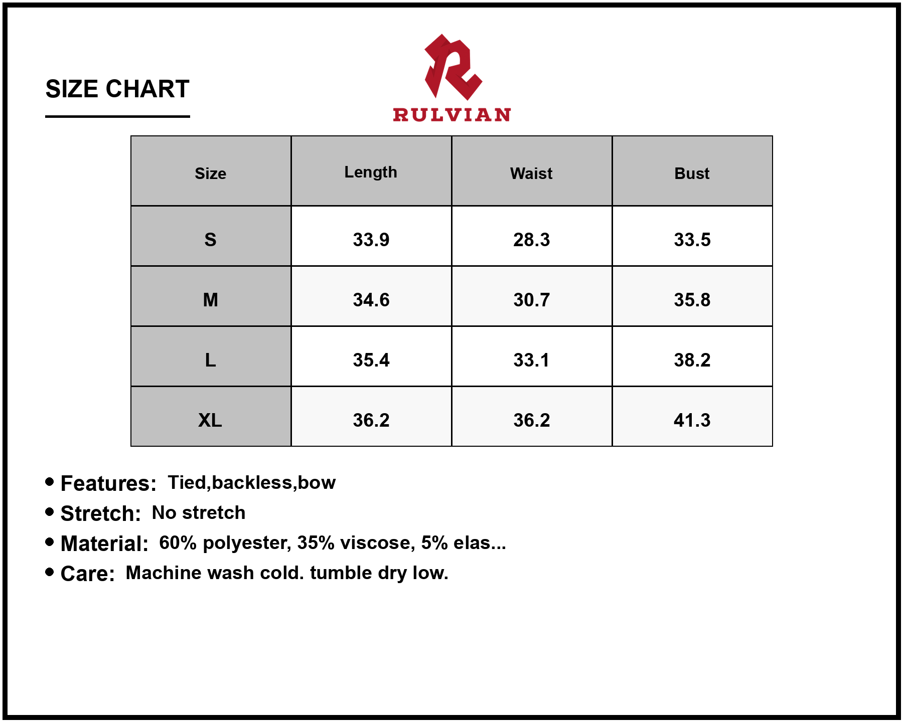 Size Chart - Women's Square Neck Sleeveless Mini Dress with Bow Tied Backless Front Detail 60% polyester 35% viscose 5% elastane