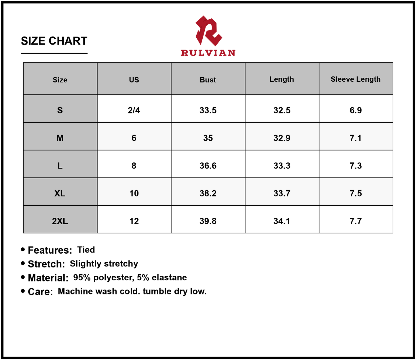 Size Chart - Women's Round Neck Short Sleeve Mini Tee Dress with Tie Front and Stretch Fit 95% polyester 5% elastane with chic fit