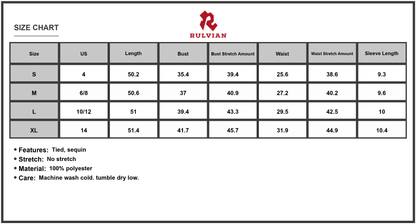 Size Chart - Men's Sequin Notched Short Sleeve Midi Dress Tied Waist 100% Polyester Fabric Shine for Party and Formal Events