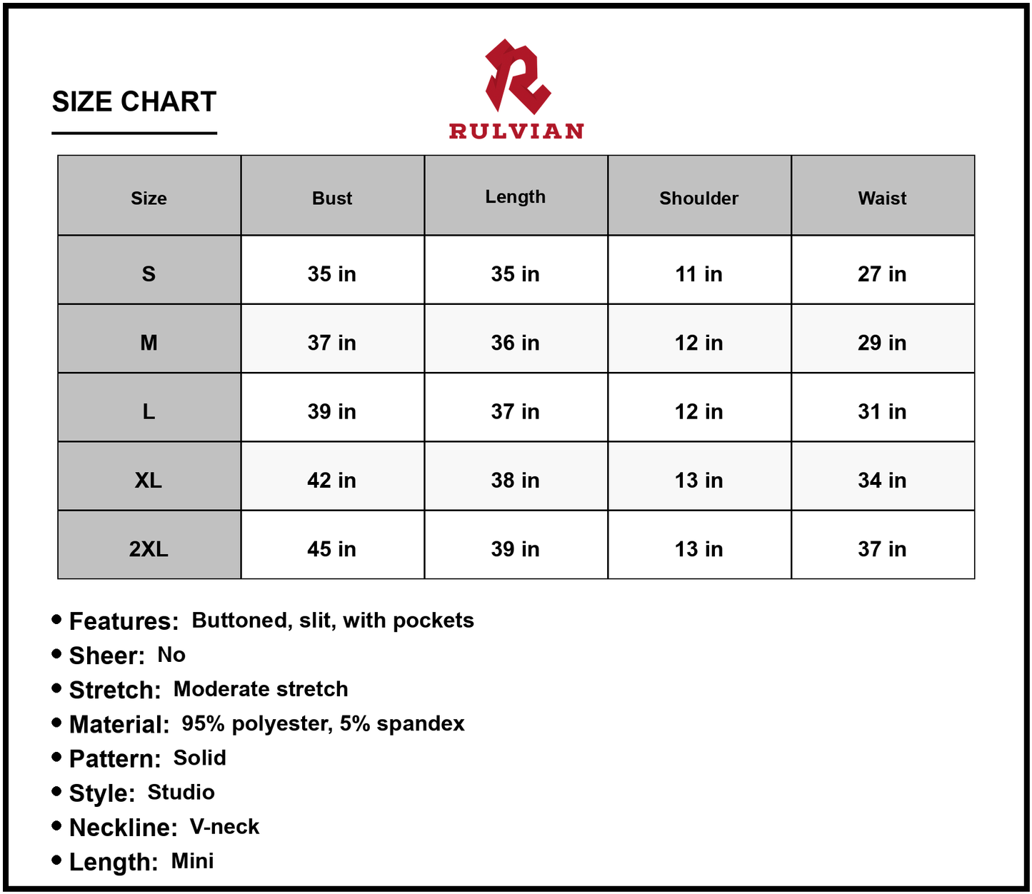 Size Chart - Women's Sleeveless Flowing Mini Dress with V neck Button Front and Pockets Casual Chic 95% polyester 5% spandex