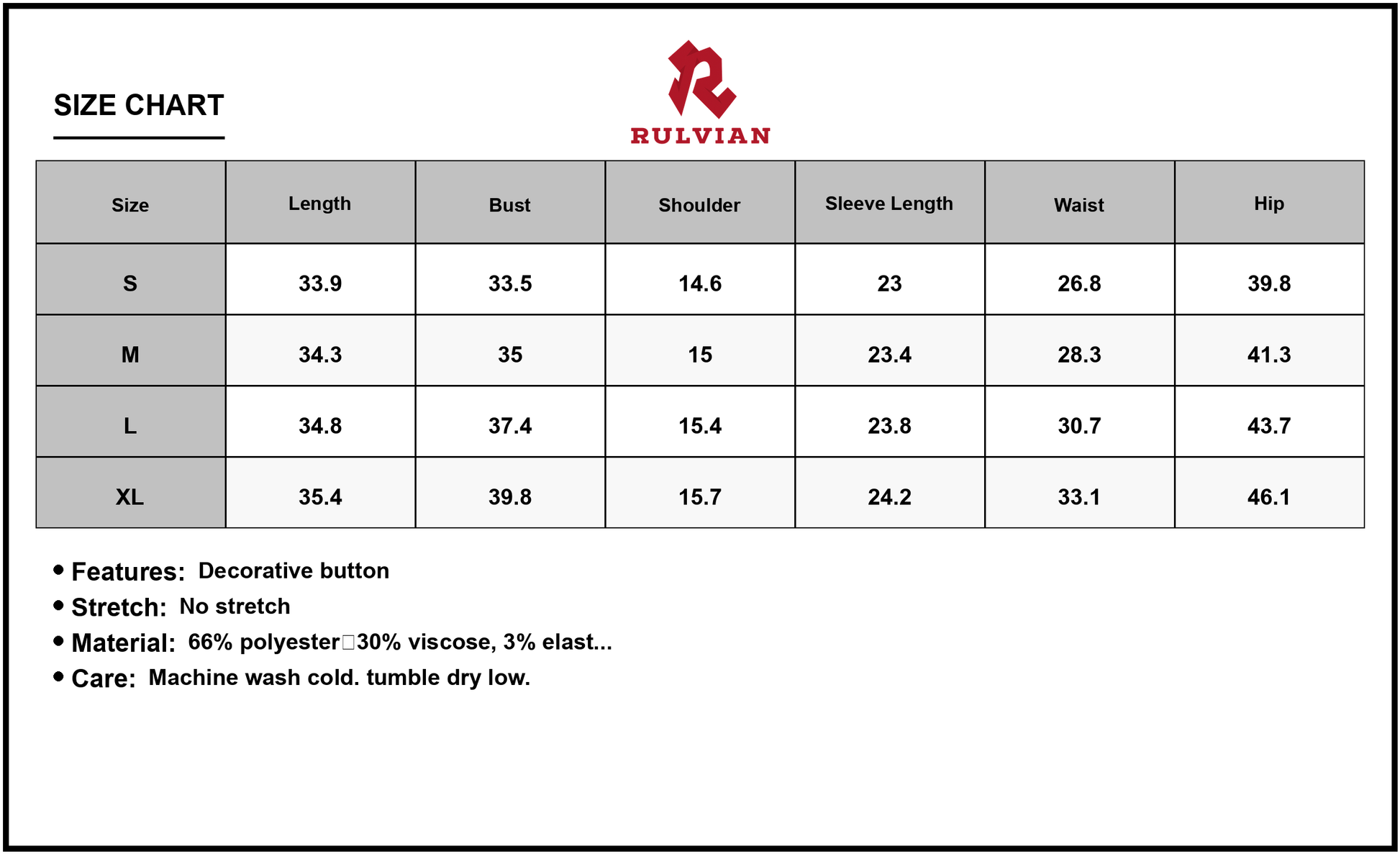 Size Chart - Women's Decorative Button Top with Tailored Fit 66% Polyester 30% Viscose 3% Elastane 1% Metallized Fibre chic