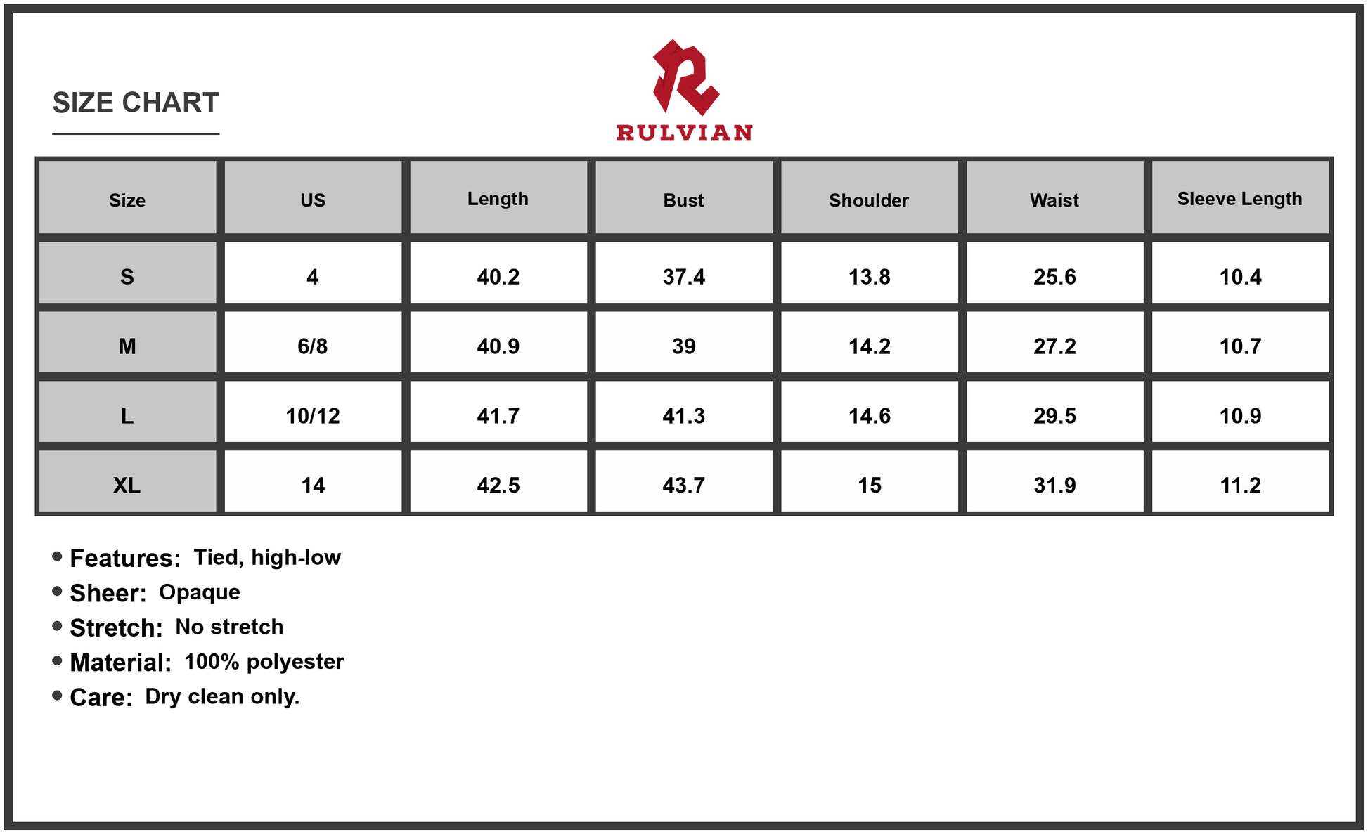 Size Chart - Women's High-Low Printed Surplice Short Sleeve Midi Dress with Tied Waist and Flowy Hem for Elegant Occasion 100% Polyester