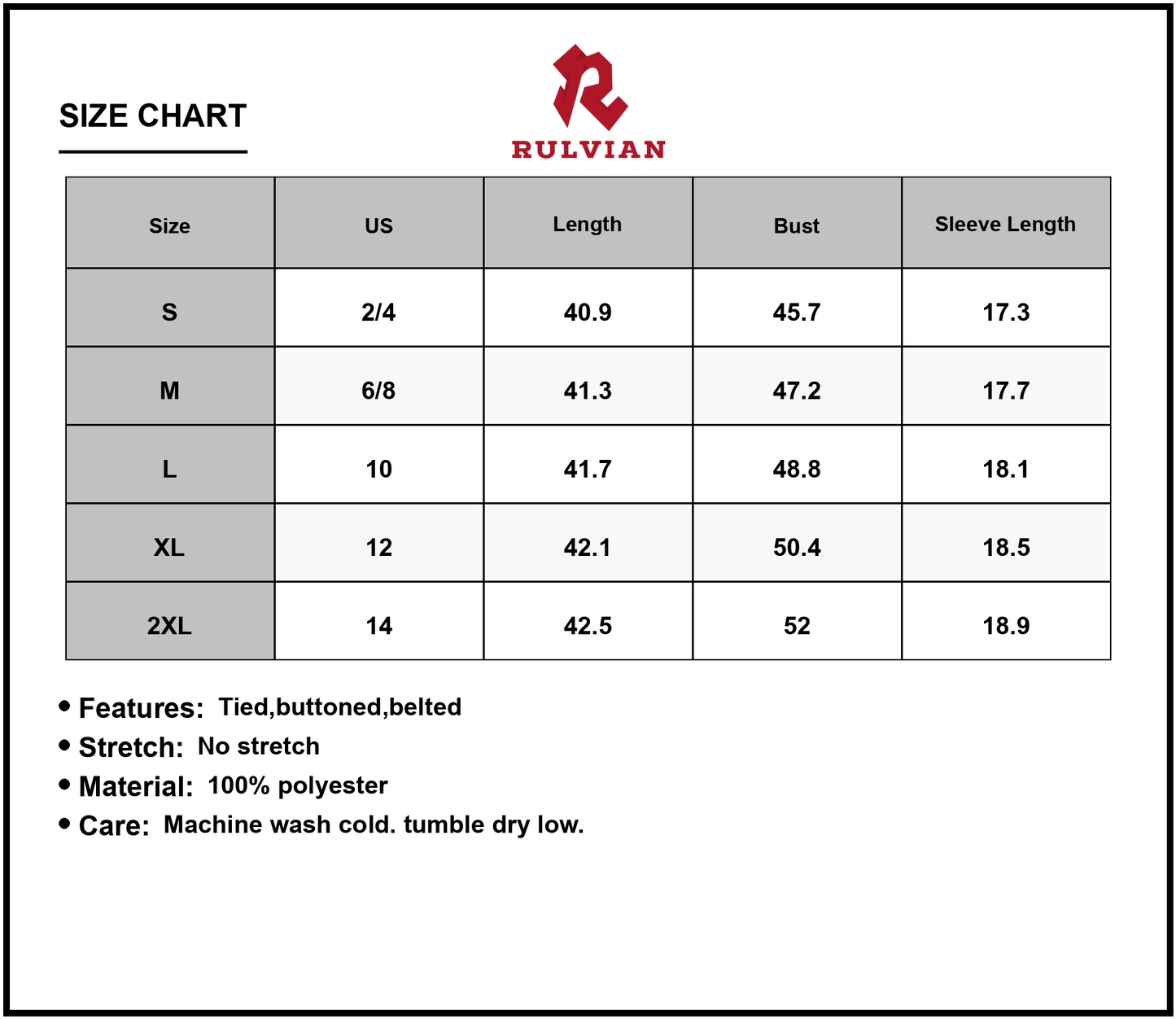 Size Chart - Women's Button Down Tie Waist Shirt Dress for Day to Night Wear 100% Polyester Fabric Easy Care Casual Everyday