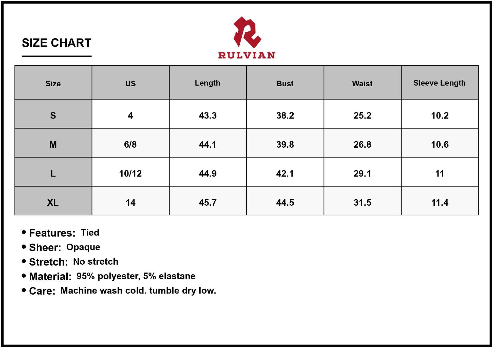 Size Chart - Women's Tied Notched Short Sleeve Dress with Tie Detail and Opaque Body for Everyday Wear 95% polyester 5% elastane