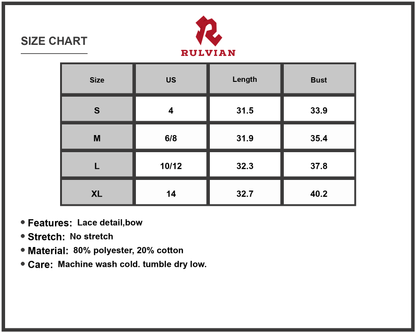 Size Chart - Men's Lace Detail Bow Sleeveless Mini Cami Dress with 80% Polyester 20% Cotton Fabric Easy Care Machine Washable Summer
