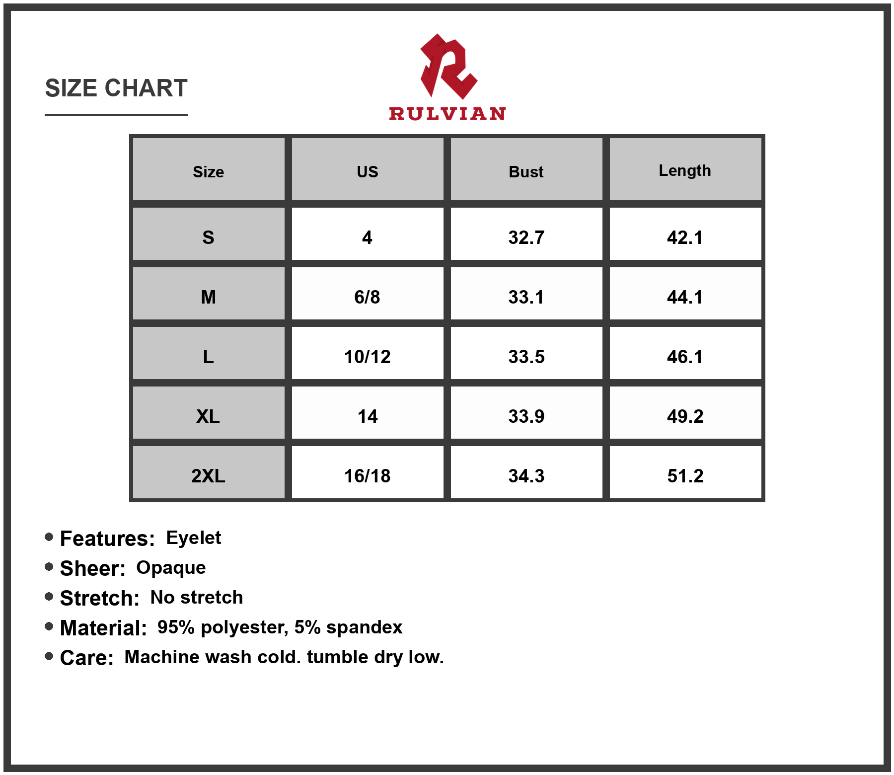 Size Chart - Women's Eyelet Grecian Neck Mini Dress Eyelet Detail 95% Polyester 5% Spandex Lightweight Daywear Evening Ready