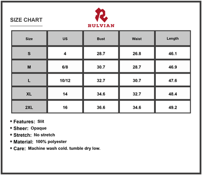 Size Chart - Women's Slit Tube Midi Dress 100% Polyester Fabric for Evening Wear with Elegant Silhouette and Flattering Fit