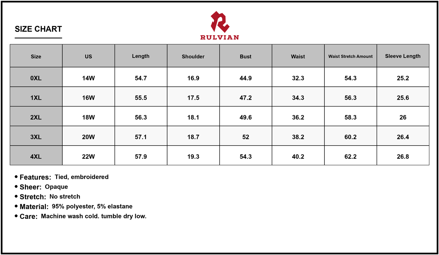 Size Chart - Women's Curvy Polka Dot Tie Neck Long Sleeve Midi Dress with Ninety Five Percent Polyester and Five Percent Elastane