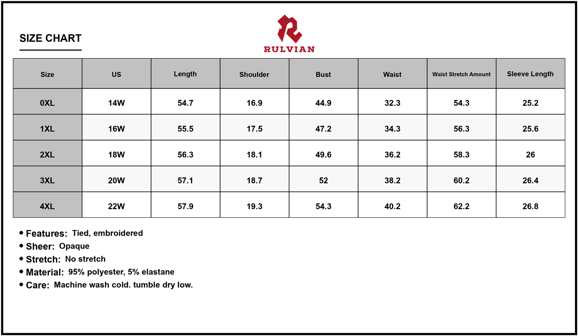 Size Chart - Women's Curvy Polka Dot Tie Neck Long Sleeve Midi Dress with Ninety Five Percent Polyester and Five Percent Elastane