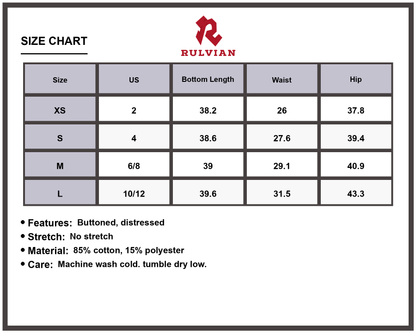 Size Chart - Women's High Rise Distressed Jeans with Pockets Buttoned No Stretch Premium Durable Everyday Fashionable Denim Pants for Women