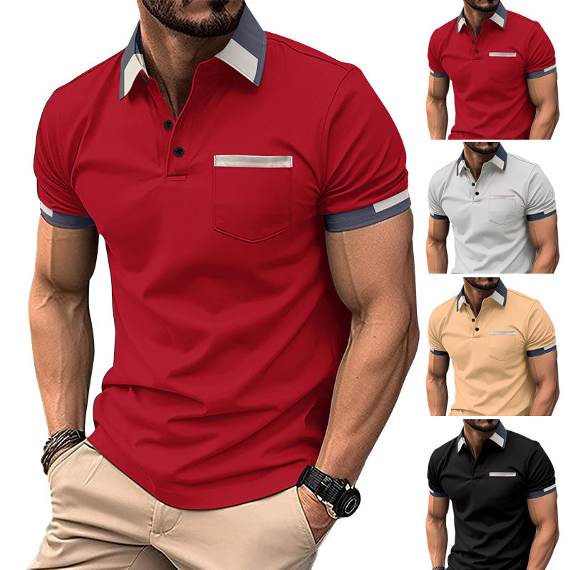 Men's Striped Short Sleeve V Neck Shirt With Chest Pocket Black Khaki Wine Red Stripes 70% Polyester Fabric