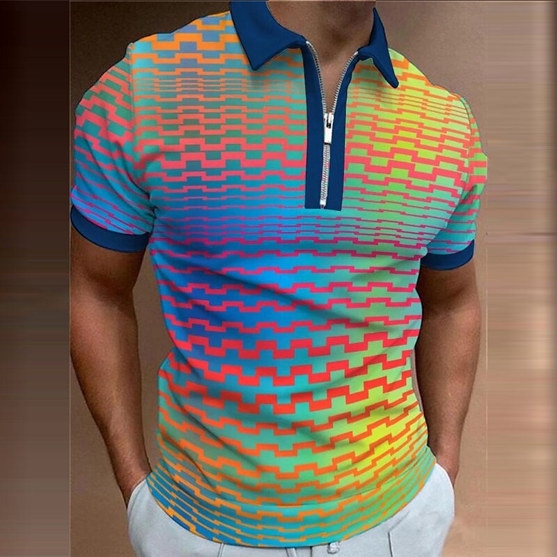 Men's Geometric Rainbow Pattern Short Sleeve Tee 100% Bird Eye Cloth Casual Everyday Shirt Lightweight