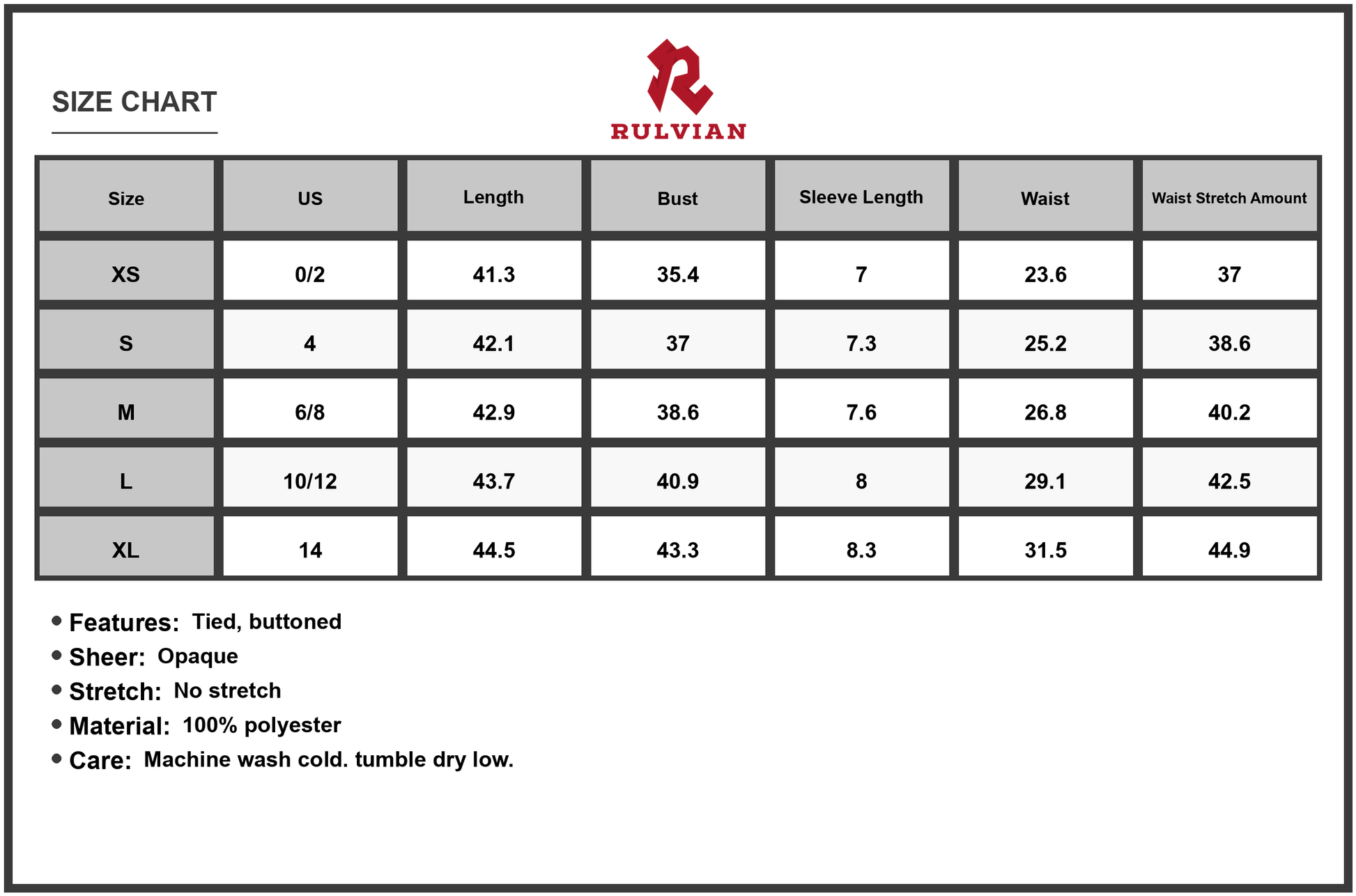 Size Chart - Women's Printed Round Neck Short Sleeve Midi Dress with Tie Front Buttoned Detail 100% Polyester for Everyday Wear
