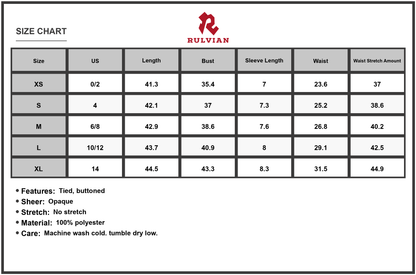 Size Chart - Women's Printed Round Neck Short Sleeve Midi Dress with Tie Front Buttoned Detail 100% Polyester for Everyday Wear