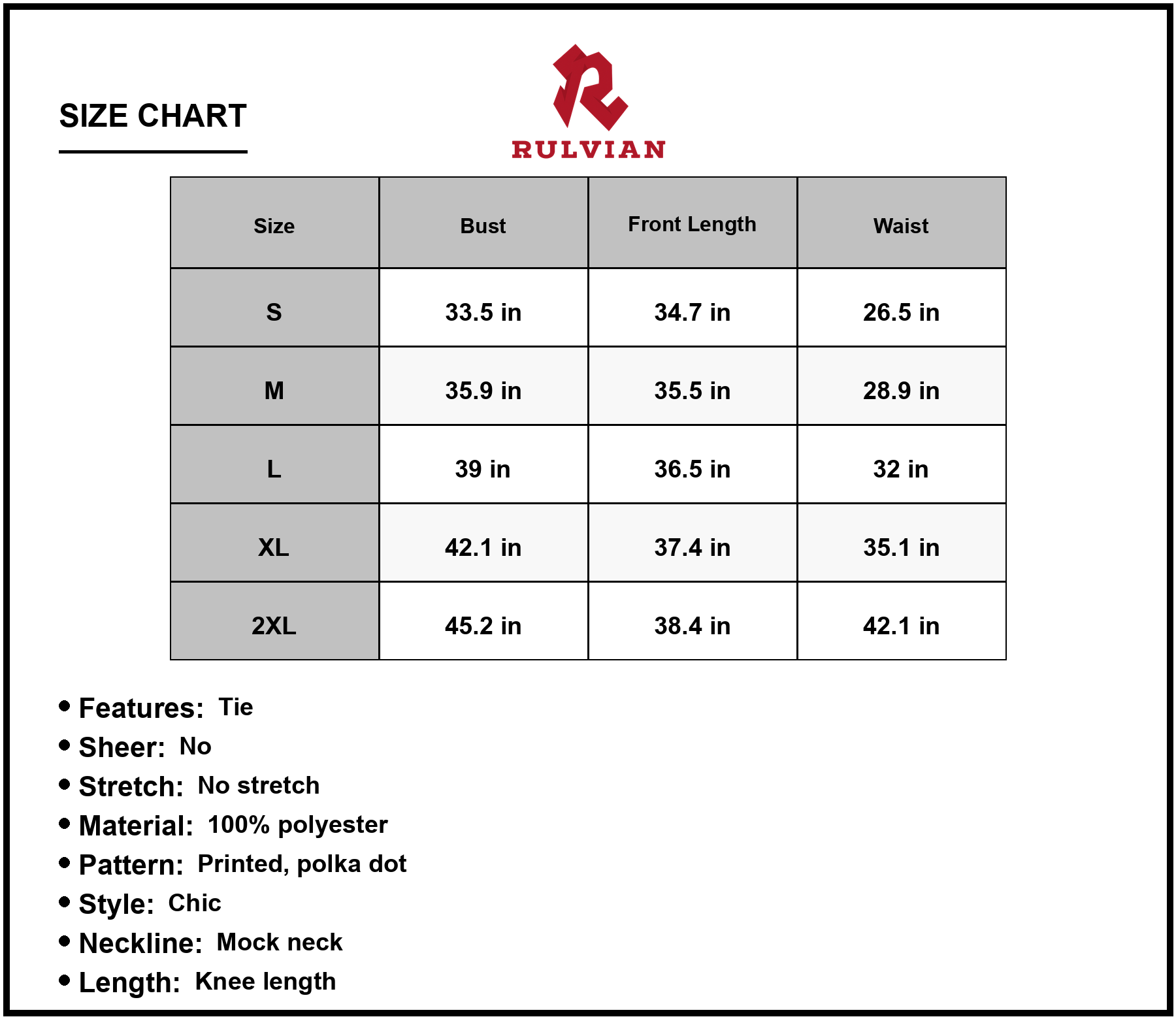 Size Chart - Women's Printed Tie Waist Frill Trim Dress with Mock Neck Sleeveless Knee Length Polka Dot A line 100% polyester Fabric