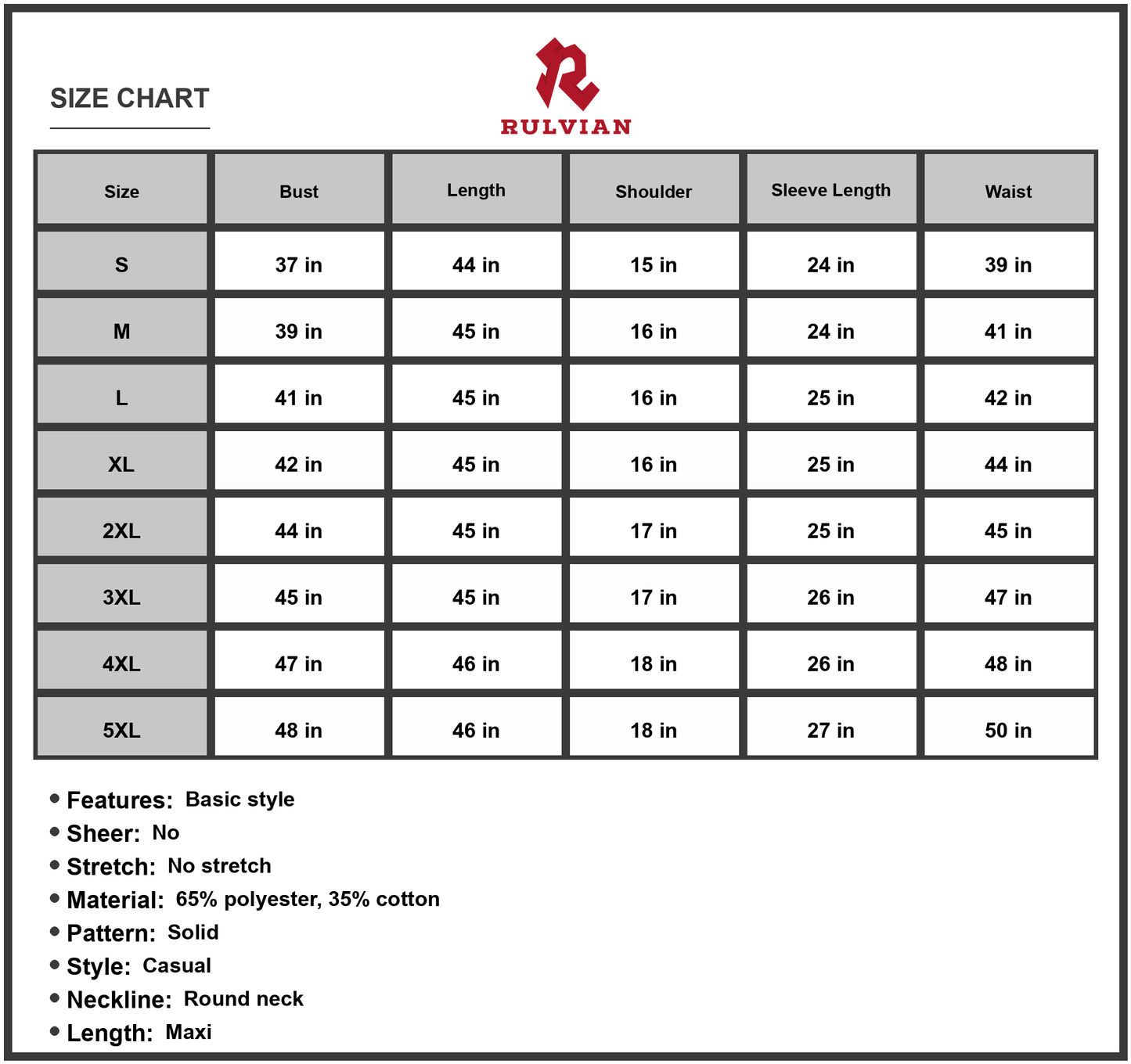 Size Chart - Men's Full Size Round Neck Long Sleeve Sweatshirt Dress Maxi Casual Comfort 65% Polyester and 35% Cotton Fabric