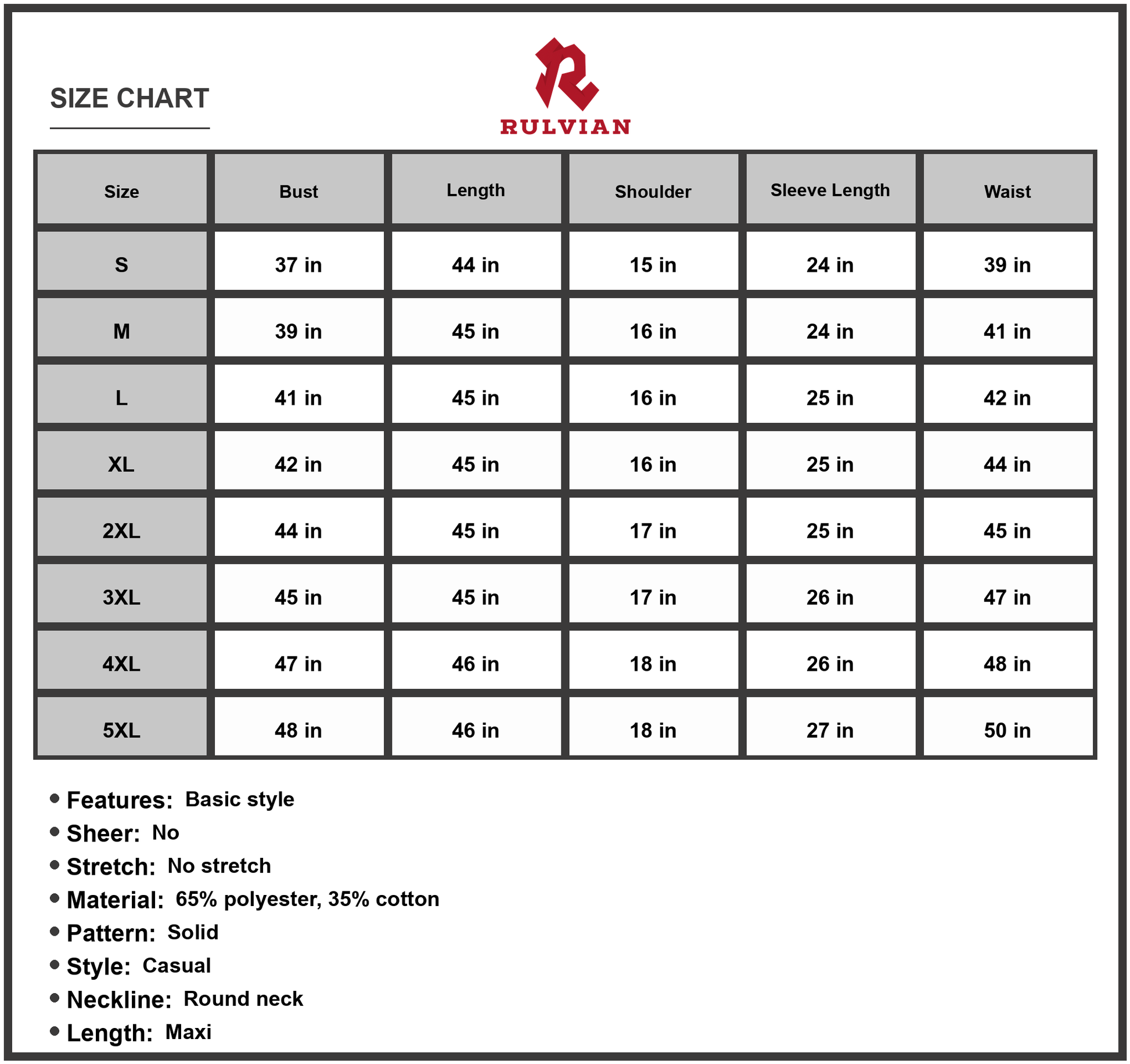 Size Chart - Men's Full Size Round Neck Long Sleeve Sweatshirt Dress Maxi Casual Comfort 65% Polyester and 35% Cotton Fabric