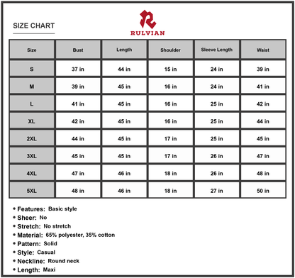 Size Chart - Men's Full Size Round Neck Long Sleeve Sweatshirt Dress Maxi Casual Comfort 65% Polyester and 35% Cotton Fabric