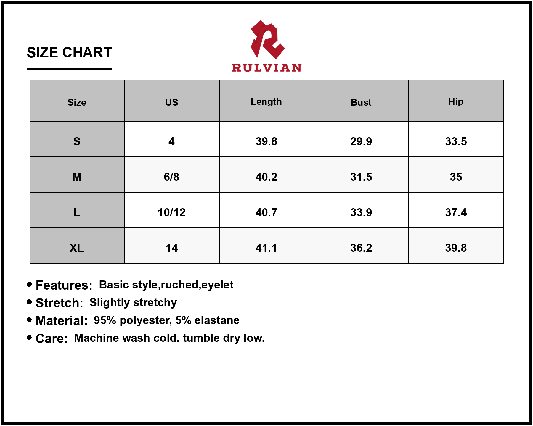 Size Chart - Women's Eyelet Square Neck Cami Dress with Ruched Bodice for a Sleek Silhouette and Comfort 95% Polyester 5% Elastane