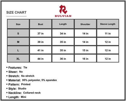 Size Chart - Women's Printed Tie Waist Collared Flounce Sleeve Dress Perfect for Everyday Casual Wear with 95% Polyester 5% Spandex
