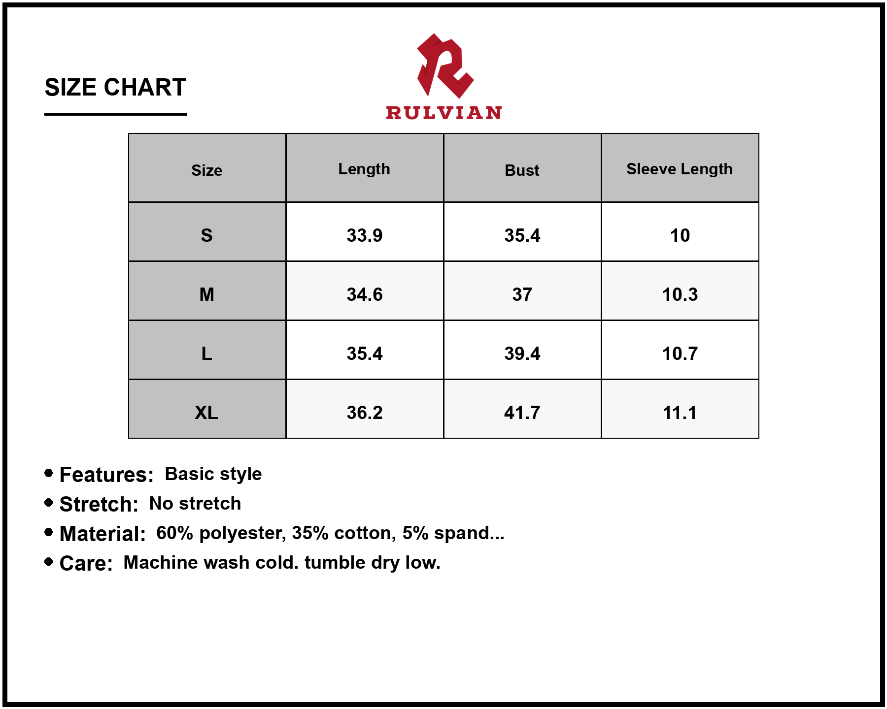 Size Chart - Women's V Neck Short Sleeve Mini Tee Dress 60% Polyester 35% Cotton 5% Spandex Soft Comfortable Everyday Casual