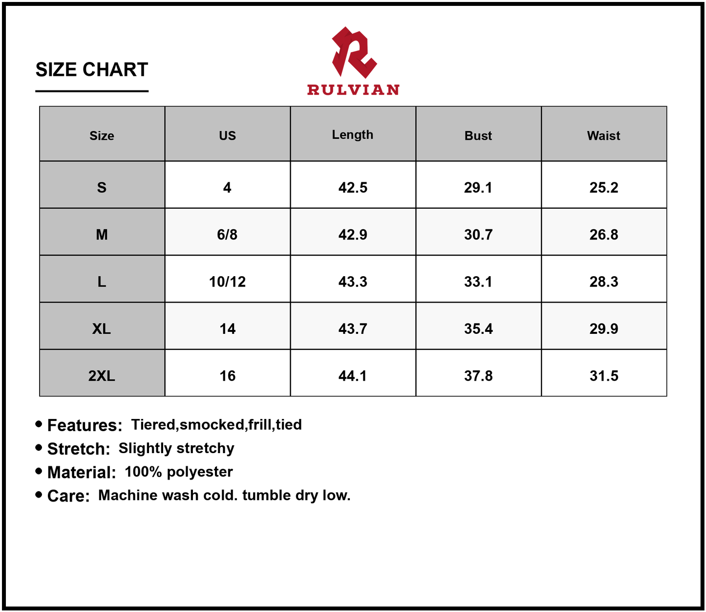 Size Chart - Women's Smocked Tiered Midi Dress with Tie Straps 100% Polyester Fabric Lightweight Flowing Silhouette for Summer