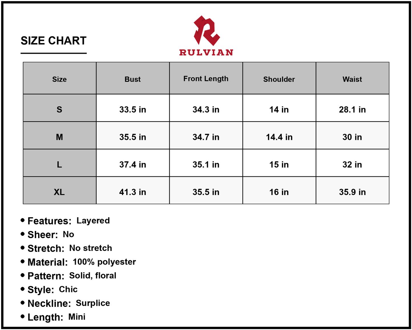 Size Chart - Women's Surplice Neck Flutter Sleeve Dress Solid Floral Layered Hem Flounce Mini Short Sleeve 100% Polyester Fabric