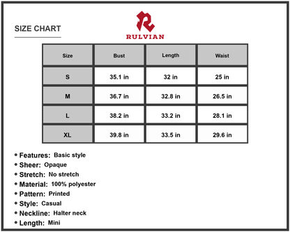 Size Chart - Women's Halter Neck Printed Dress with Tie Waist Sleeveless Mini Casual Summer Outfit 100% Polyester for Party Vacation